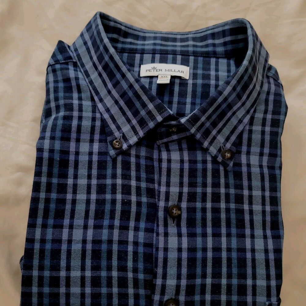 Peter Millar Shirt Mens 2XL Button Up Long Sleeve Pocket Plaid Blue Preppy